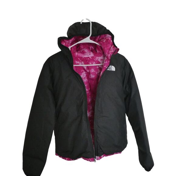 The North Face Puffer Hooded Jacket - Fuchsia Pink Splash Reversible Girls XL